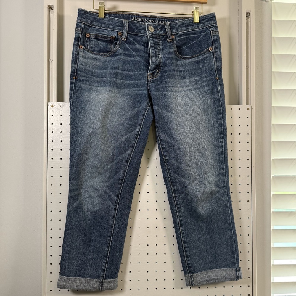 American Eagle Boy Crop Stretch Jeans Women's Blue Denim‎ Pockets Button Fly - 6